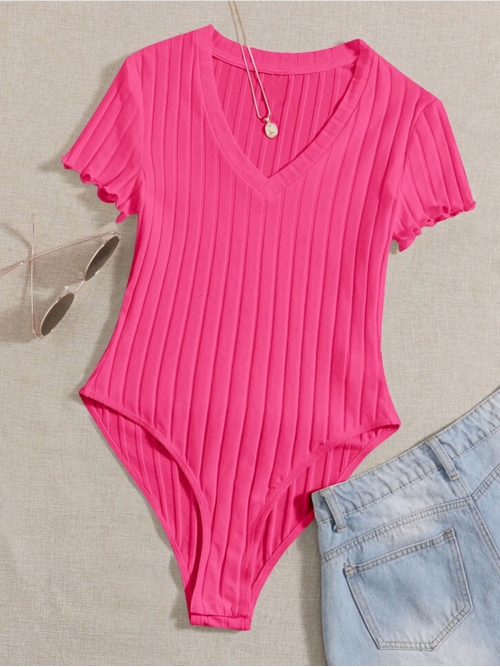 Women's Ribbed V-Neck Short Sleeve Bodysuit - Hot Pink